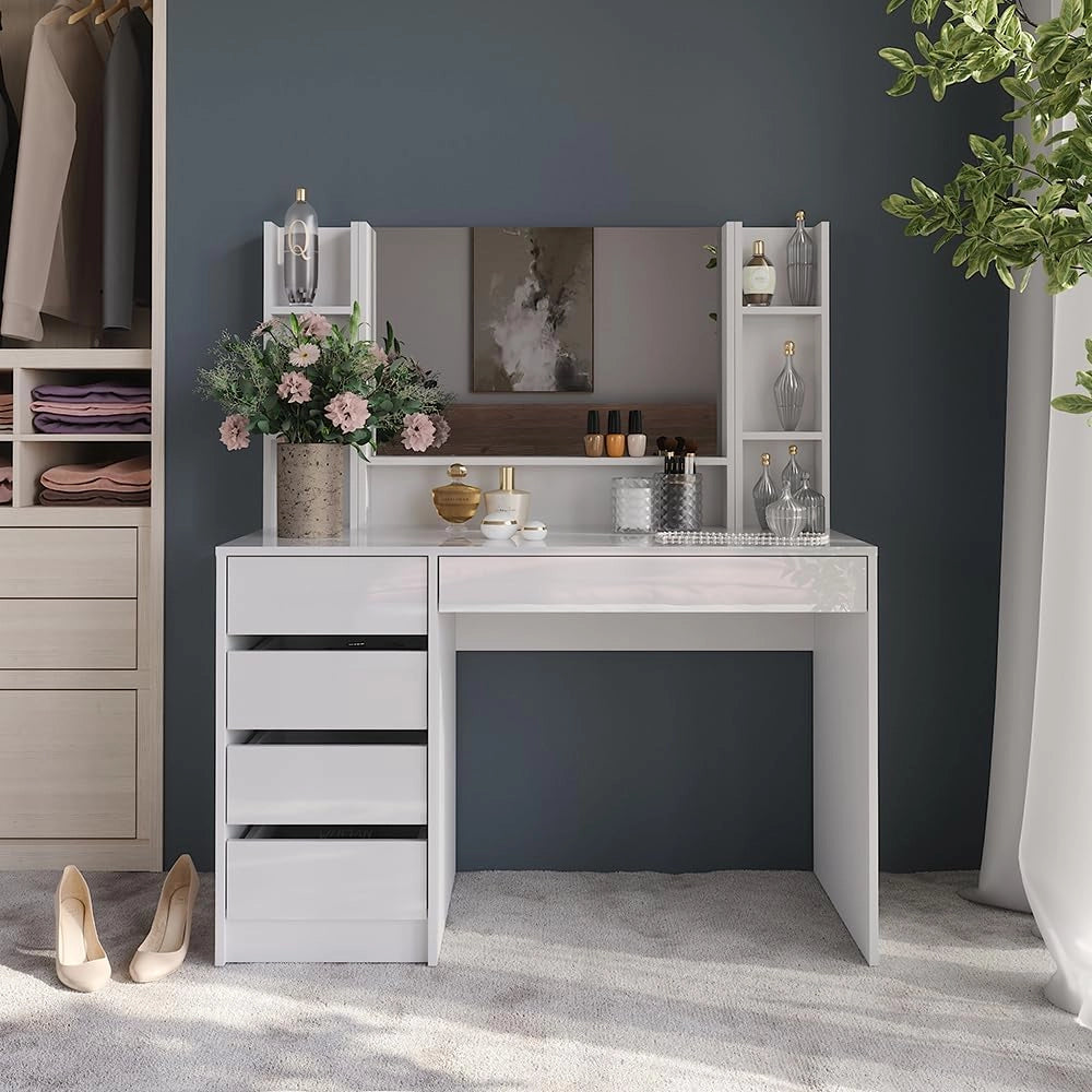 Tavolo da toeletta Sherry, Bianco/bianco lucido, 119.8 cm 4 parti