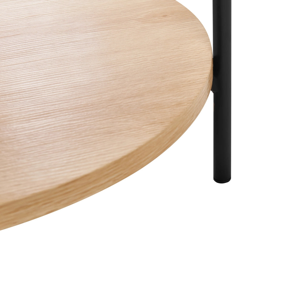 Tavolino con struttura in metallo e 1 ripiano rotondo in legno chiaro stile moderno