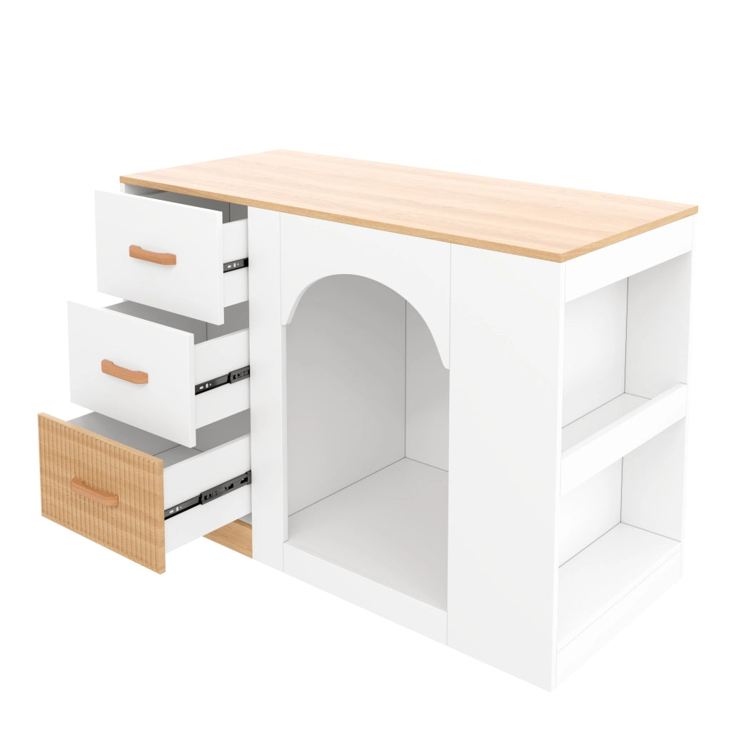 Isola da Cucina 120×60×90 cm con 3 Cassetti; 2 Ripiani Laterali e Zona Riposo per Animali; Bianca Legno
