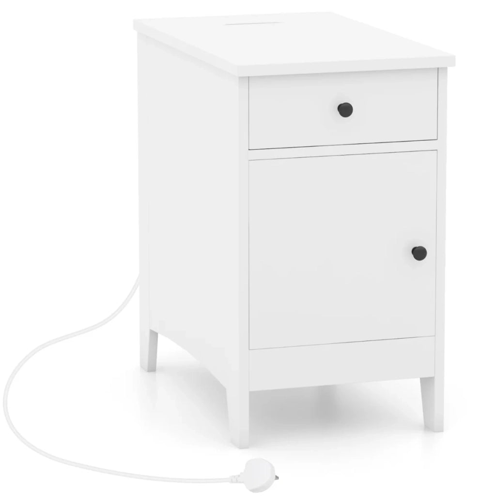 Tavolino laterale stretto con stazione di ricarica 60 x 35 x 60 cm moderno e pratico contenitore in legno bianco 20_0013851