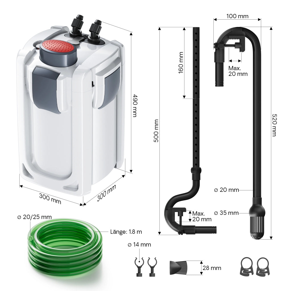 HW-704B Filtro esterno per acquari con pompa 2.000 l/h e chiarificatore UVC 9 W, filtro a 4 stadi con mezzi e spugne filtranti inclusi