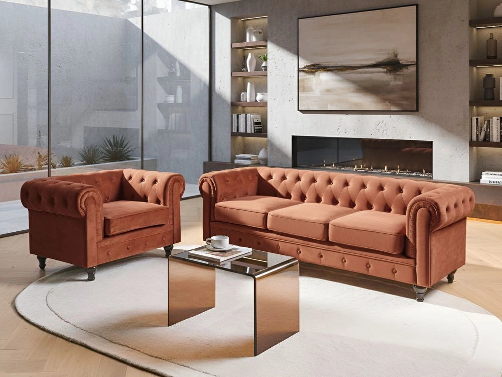 Set soggiorno Chesterfield Rivestimento in velluto marrone dorato Gambe nere Divano a 3 posti + poltrona