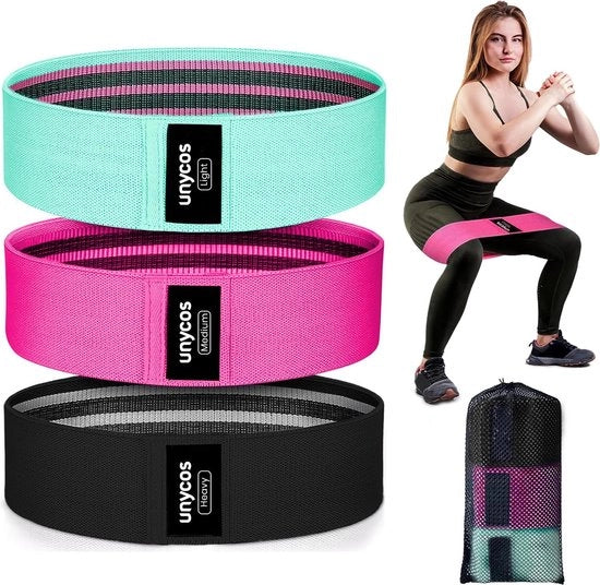 Set di 3 fitnessbande 100% lattice con tas di stoccaggio, 3 livelli di resistenza leggero/medio/grave, set di cinture per glutei con resistenze tra 9-23 kg, lunghezza 80 mm (verde, blu e nero)