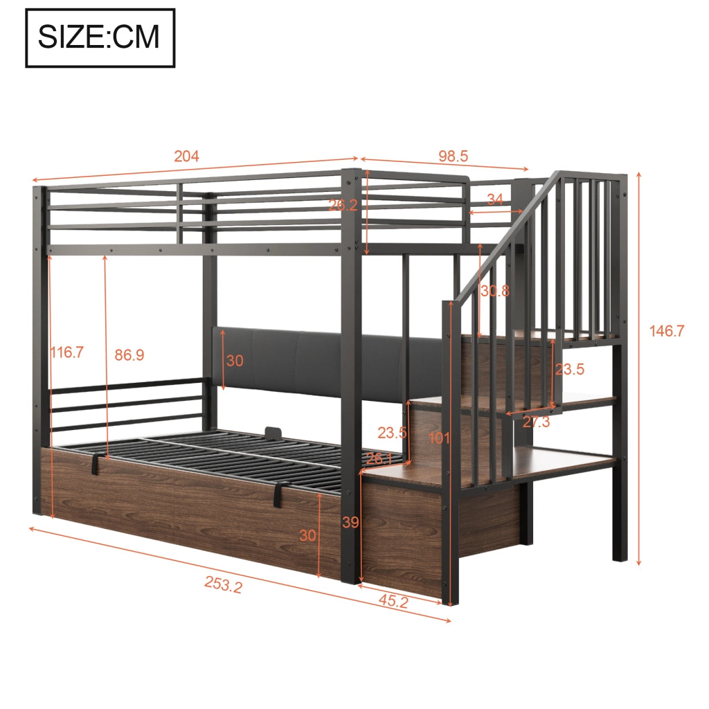 Letto a soppalco 90 × 200 cm con contenitore idraulico, scala con vani portaoggetti, sponde alte, senza materasso