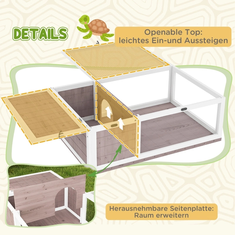 Casetta/recinto in legno per tartarughe con casetta principale e coperchio incernierato, 91x60,5x32 cm, marrone