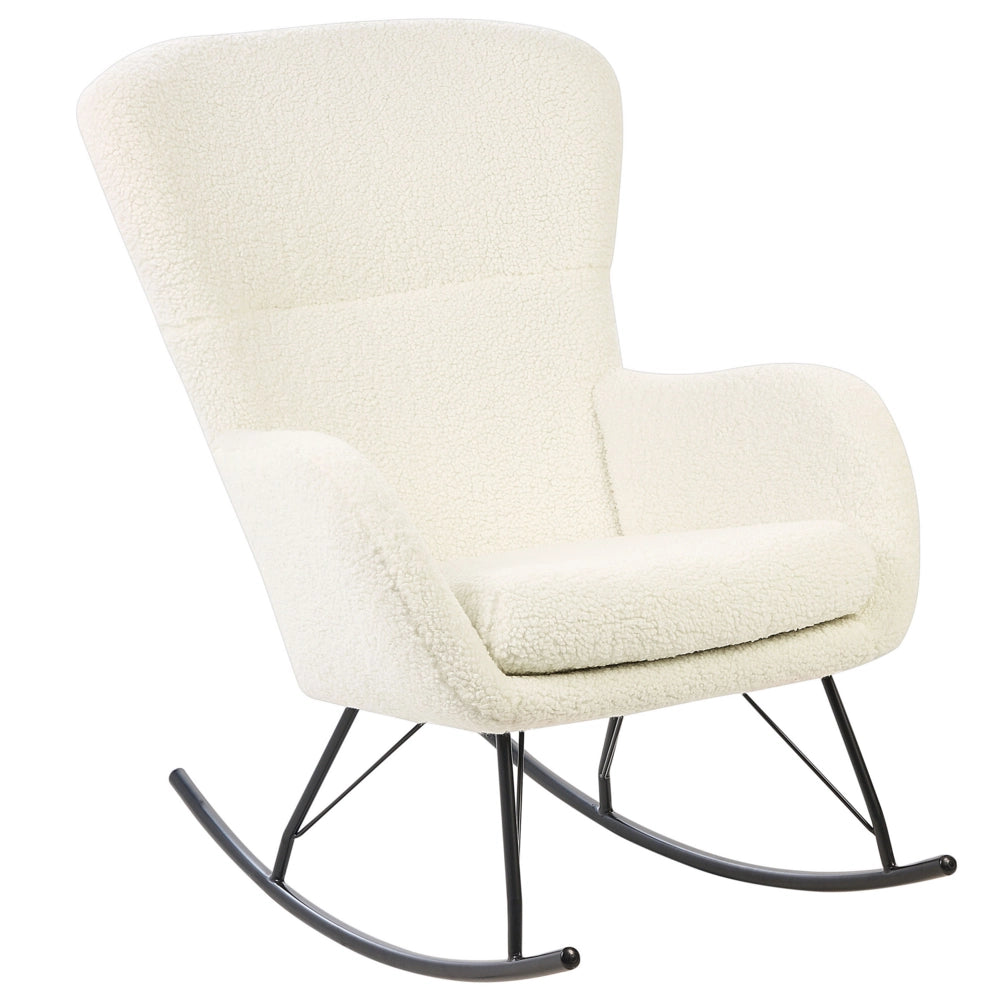 Sedia a dondolo Tessuto poliestere boucle bianco e nero Rivestimento gambe in metallo Pattini Design tradizionale retrò