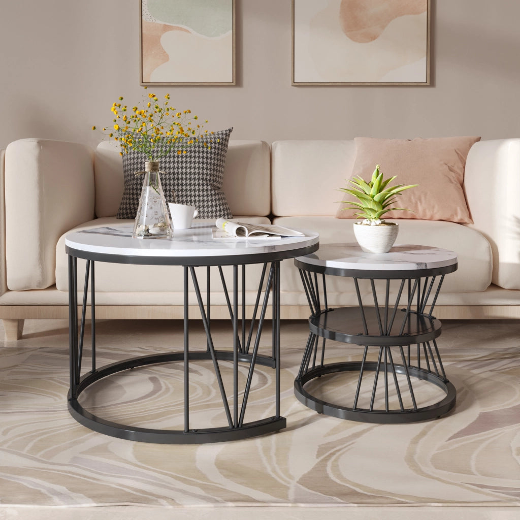 Tavolino da salotto rotondo 70x70x45 cm; set 2 pezzi sovrapponibile; tavolino salotto moderno con struttura in metallo nero e piano effetto marmo nero