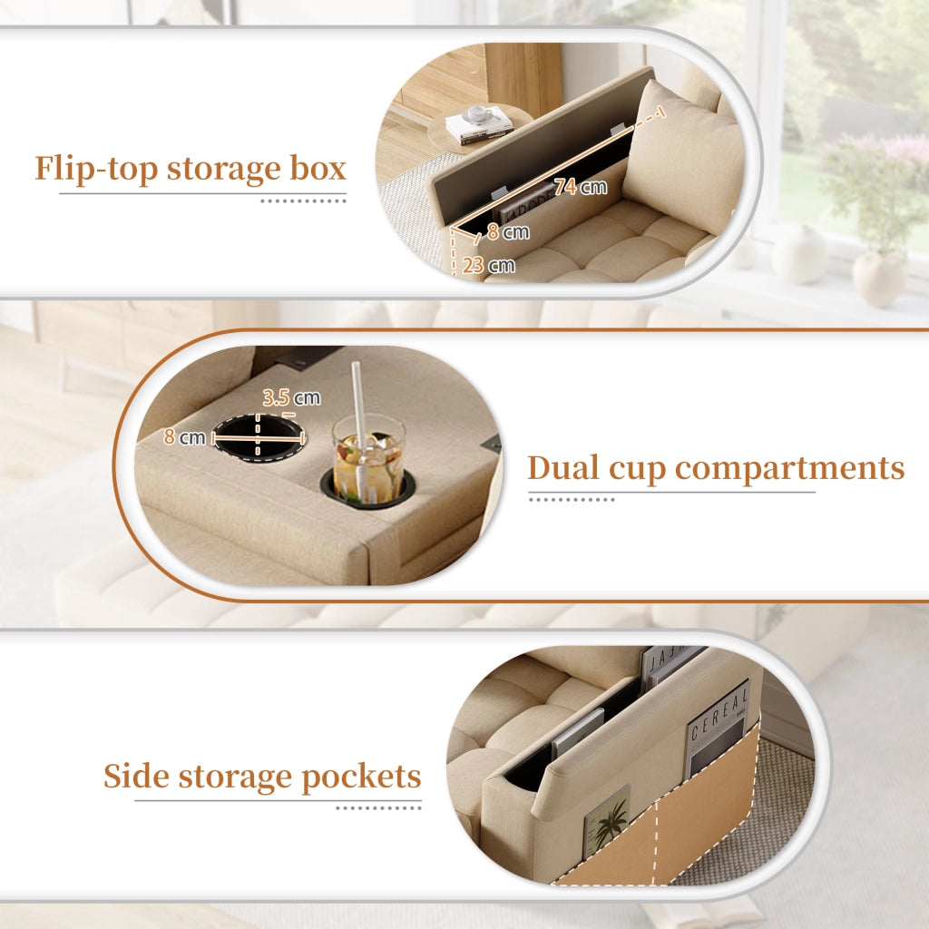 divano letto 2 posti con schienale regolabile; vani laterali e 2 cuscini; cotone e lino beige
