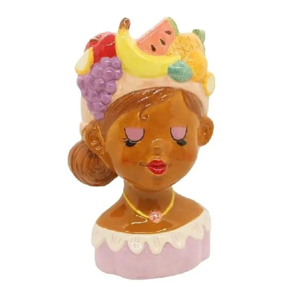 Trade Shop - Vaso Portapianta Statua Donna Con Cappello Frutta In Ceramica Colorata 18x15x28hcm 9013632 -