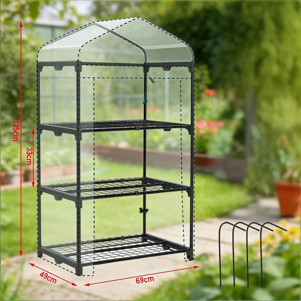 Serra a tunnel con porta avvolgibile e 3 ripiani in rete, struttura in metallo e PE verde 69 × 49 × 125 cm