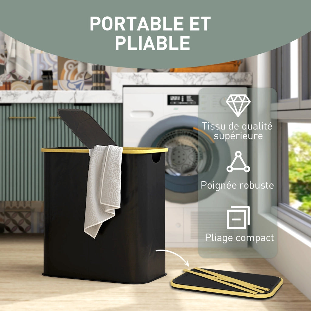 Cesto biancheria doppio pieghevole 80L ¨C Xylo ¨C con coperchio e maniglie, nero