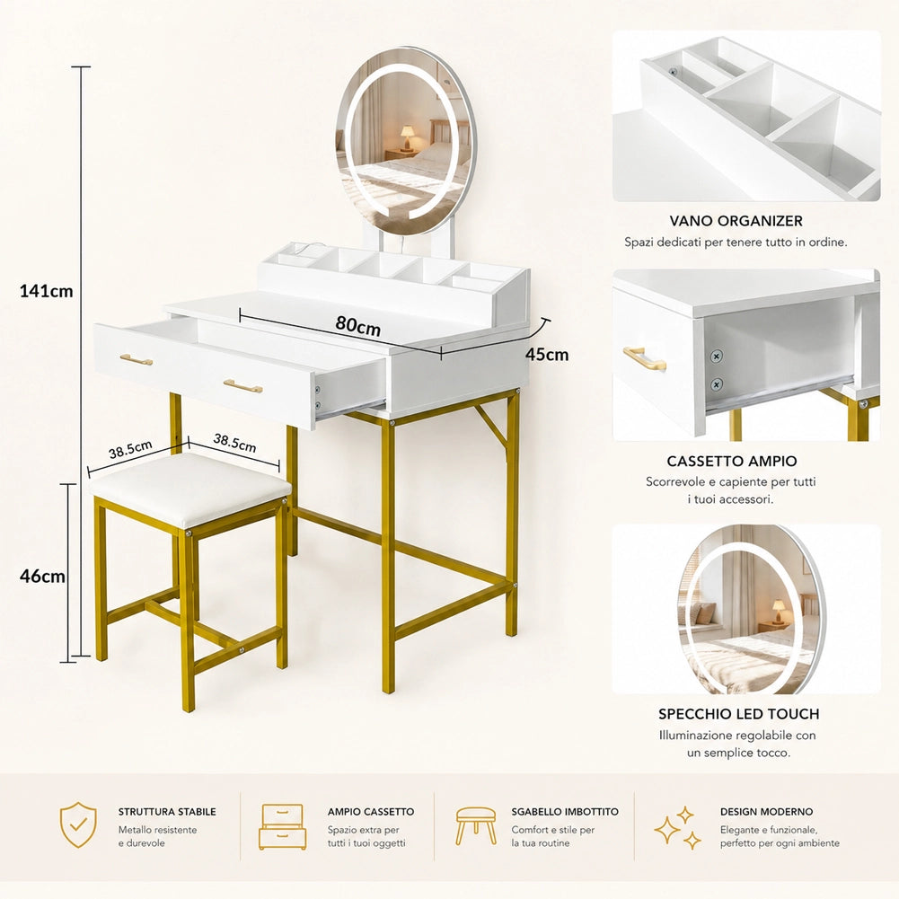 Toeletta Trucco con Sgabello e Specchio Luce LED Postazione Makeup 80x45x141cm