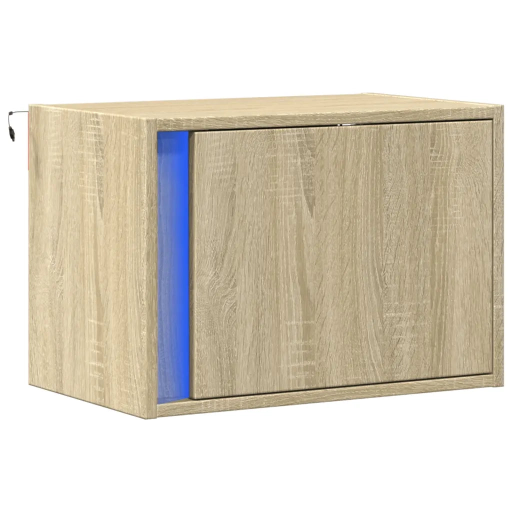 Comodino | Armadio da Notte | Mobiletto da notte a Parete con luci LED Rovere Sonoma