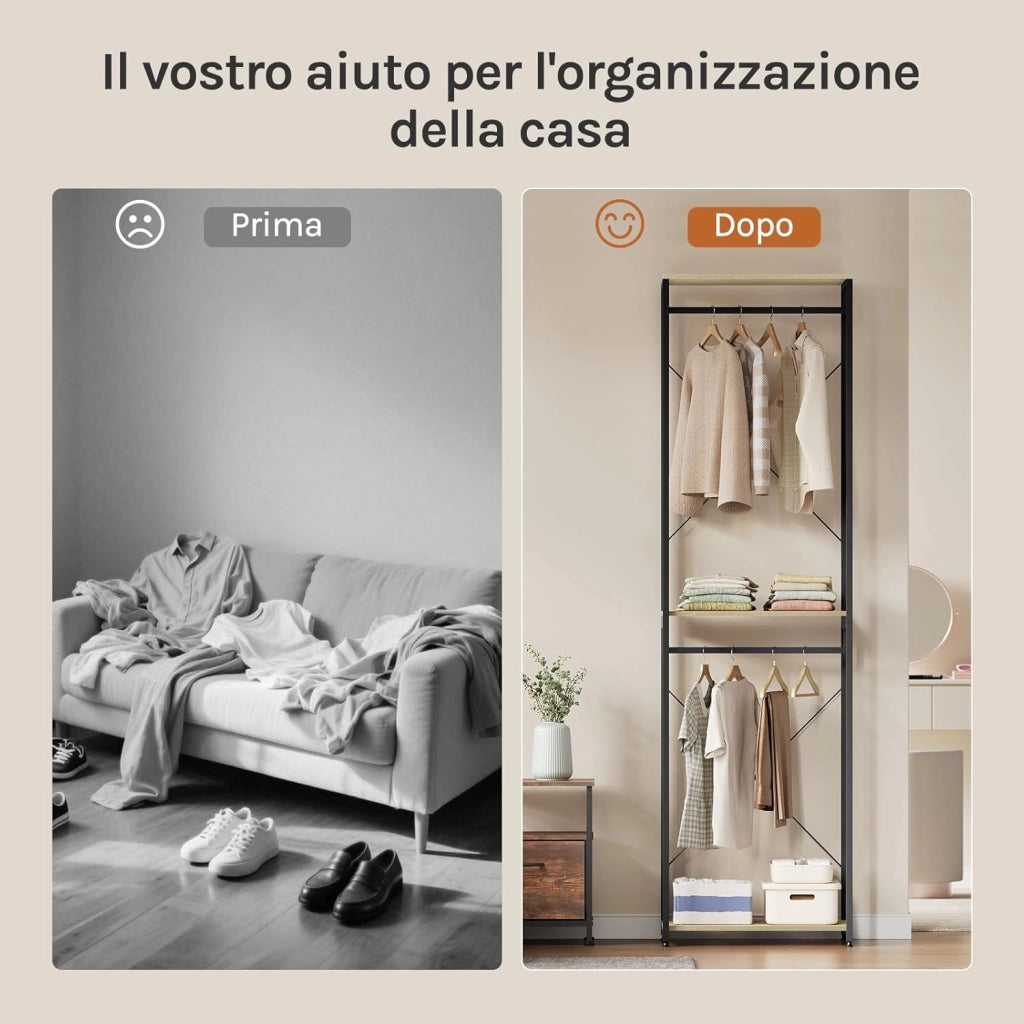 Stand Appendiabiti in Legno Attaccapanni Guardaroba per Cameretta Scaffale Porta Abiti 60x40x213 cm