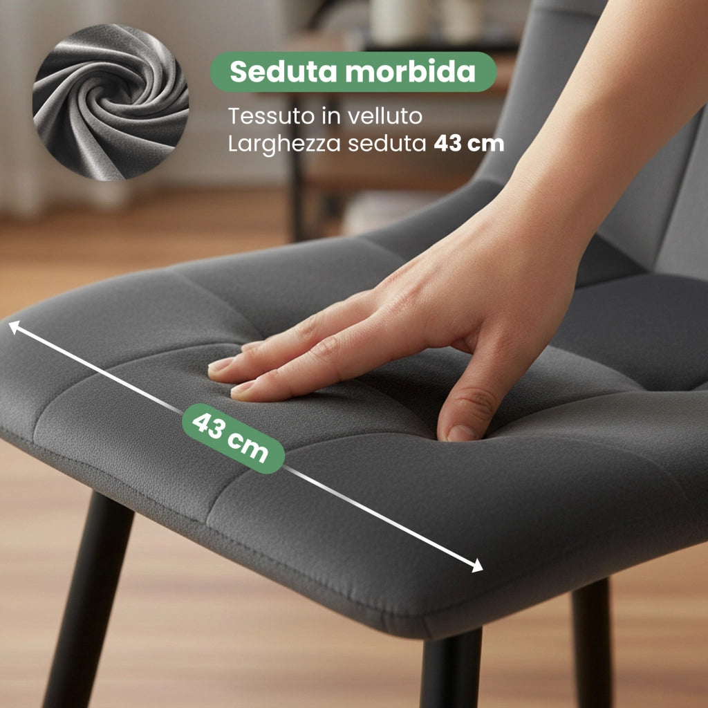 Set di 4 Sedie in velluto trapuntate NERO Grafite Scuro gambe nere