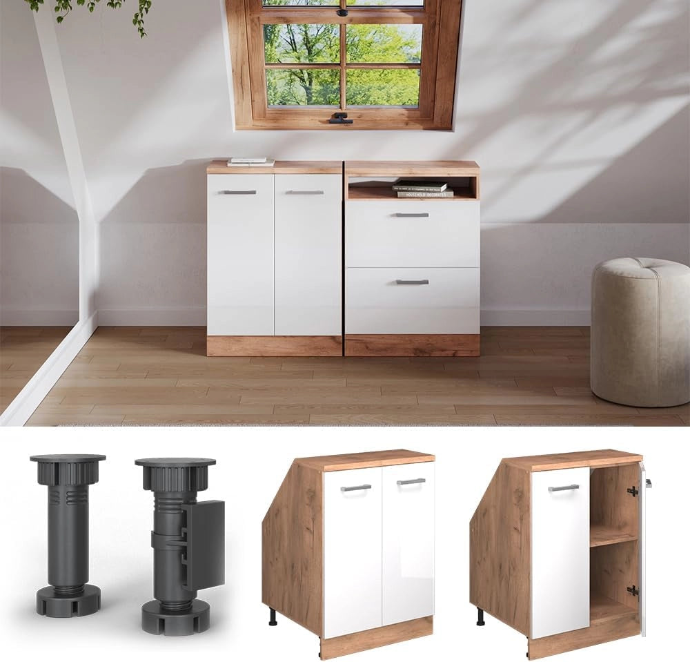 Mobile sottotetto Rion, Bianco lucido, 60 x 81.6 cm con 2 porte, carcassa 60 cm profondità, adatto per il salvaspazio sotto tetti spioventi