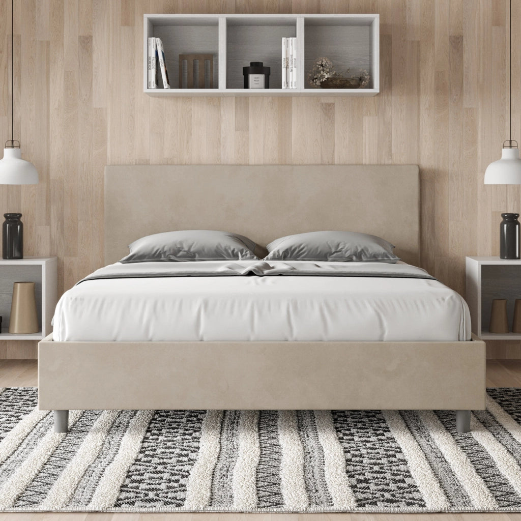 BS COM Letto matrimoniale king size con rete imbottito 170x190 microfibra sabbia