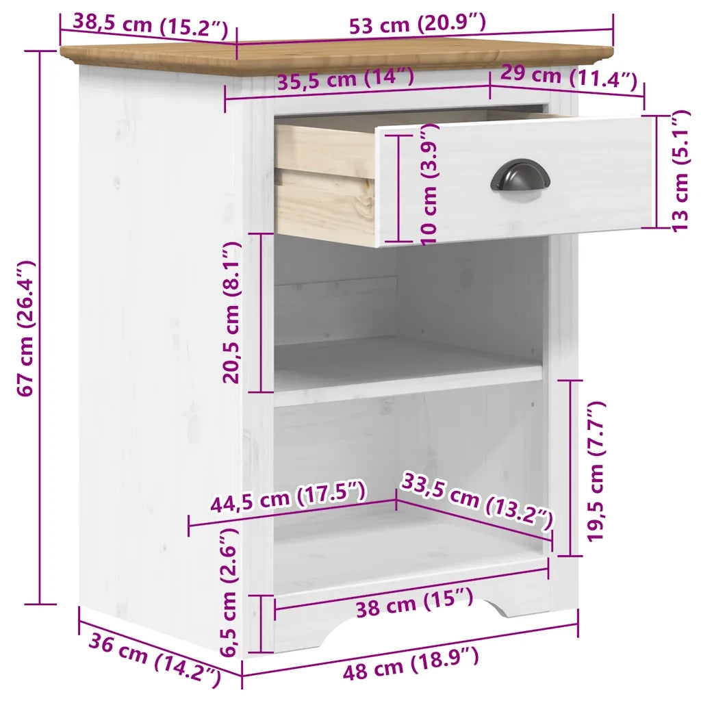 Comodino | Armadio da Notte | Mobiletto da notte BODO 53x38,5x67 cm in Legno Massello di Pino Marrone