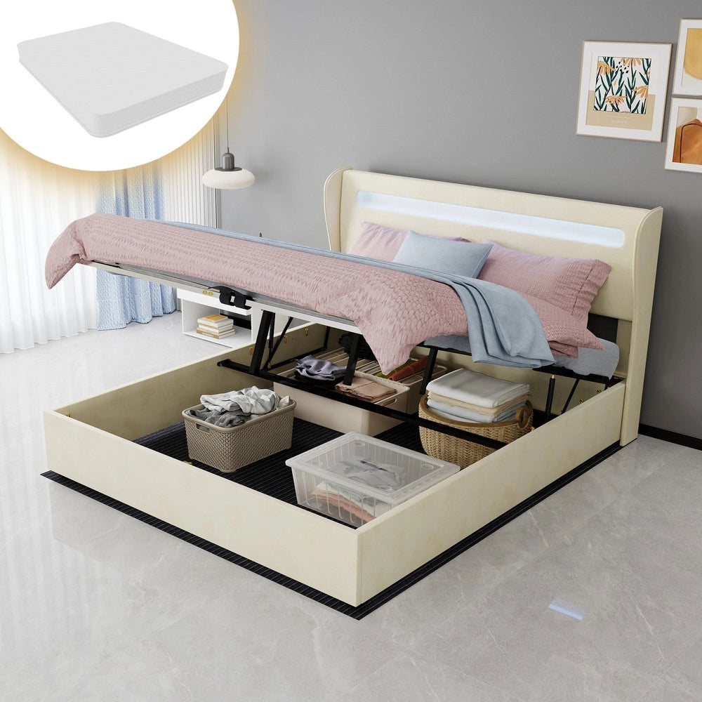Letto Contenitore Imbottito con LED ¨C MINIMAL ¨C Beige 160x200 con Materasso