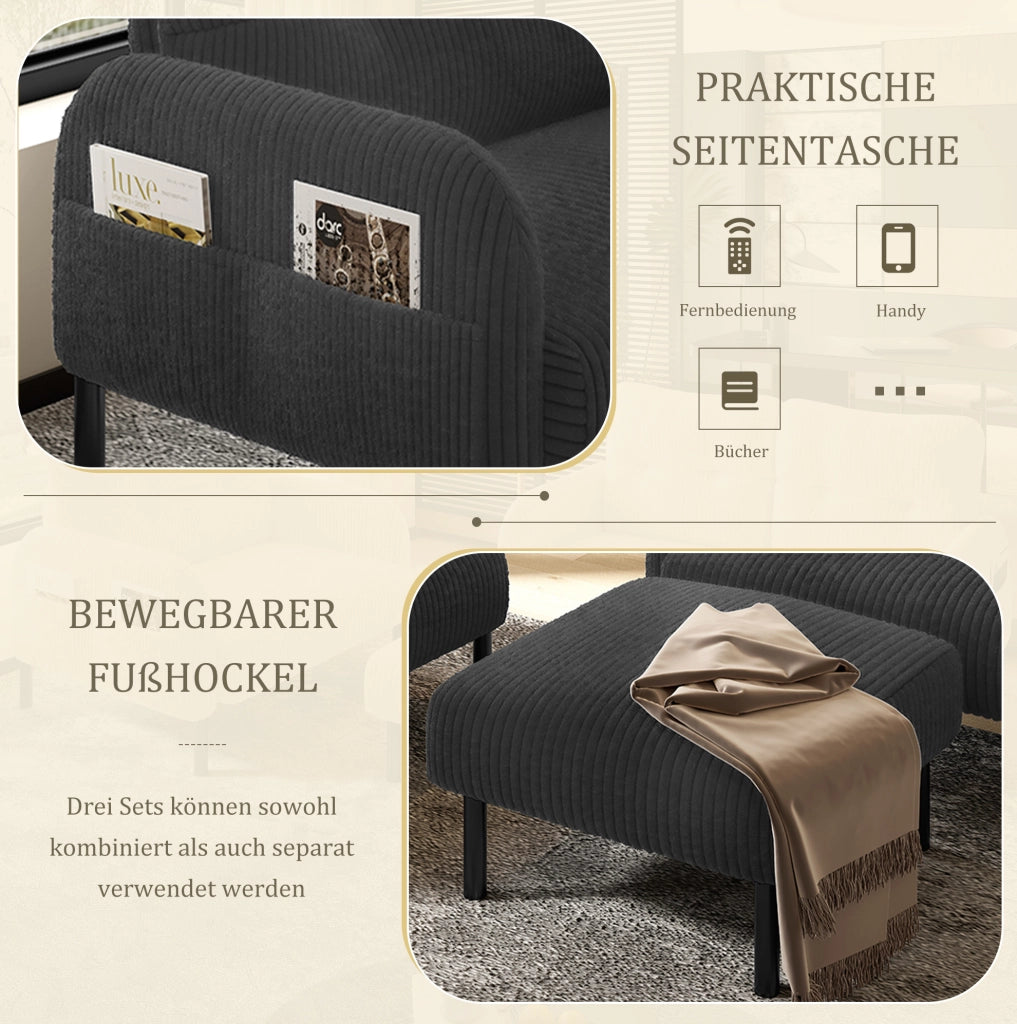 Set divano 2 posti; poltrona e pouf in velluto a coste; grigio