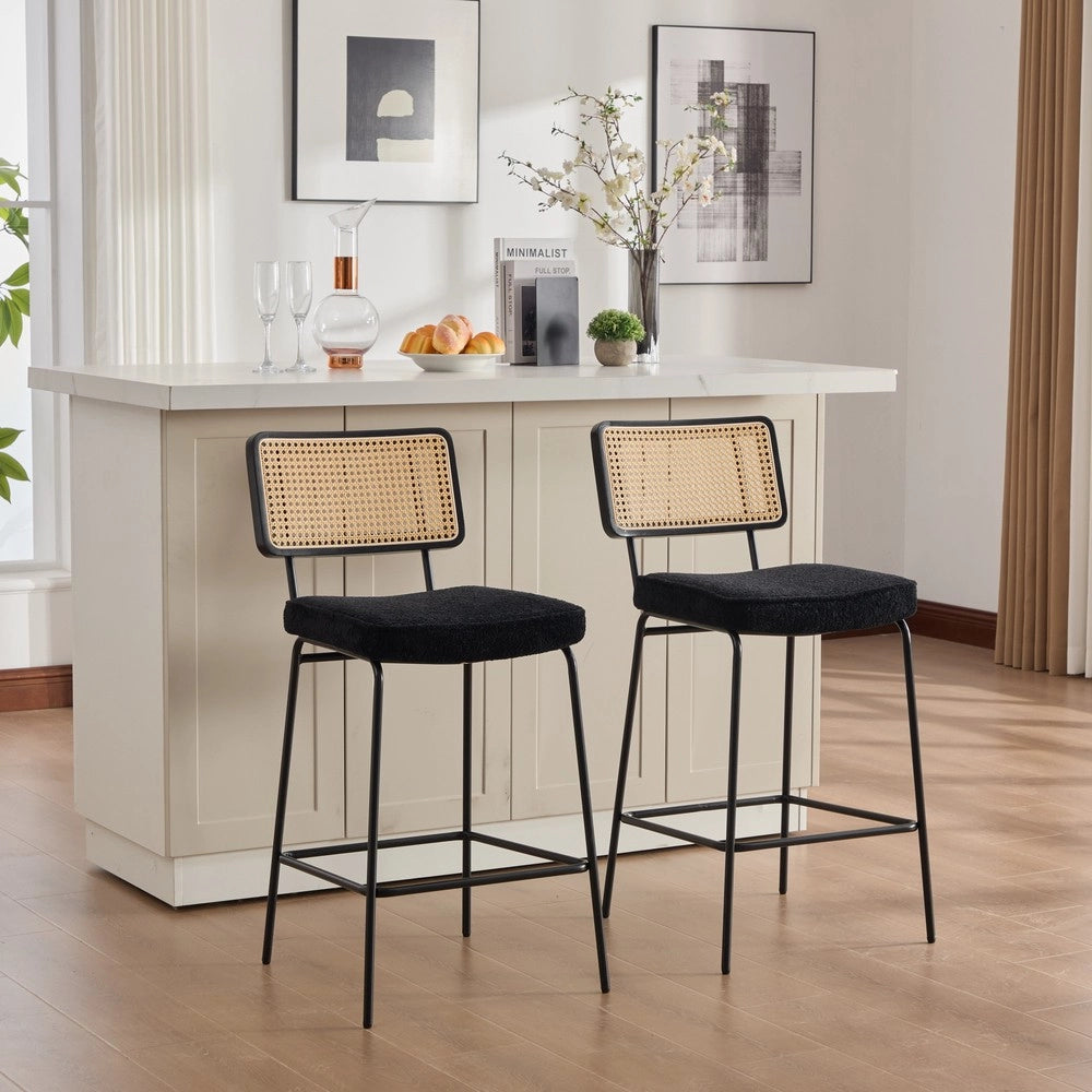 Sgabello Alto da Bar ¨C MINIMAL ¨C Chenille, Rattan, Gambe in Metallo, Nero, Set 2 Pezzi