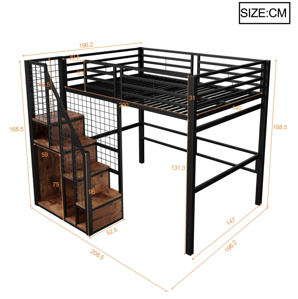 Letto a soppalco 140x200 cm in metallo nero con scala; zona appendiabiti e spazio sottostante