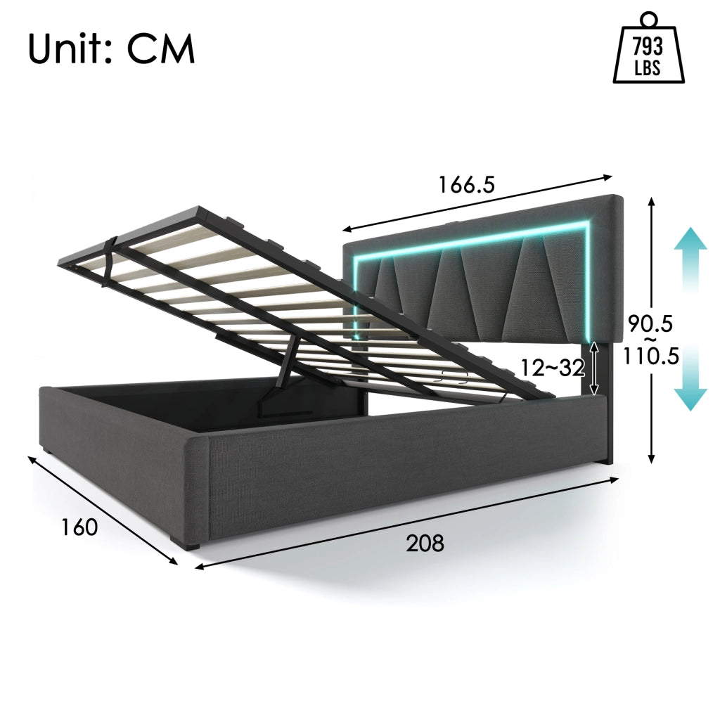 Letto imbottito con luci LED porta USB 160x200 cm lino grigio