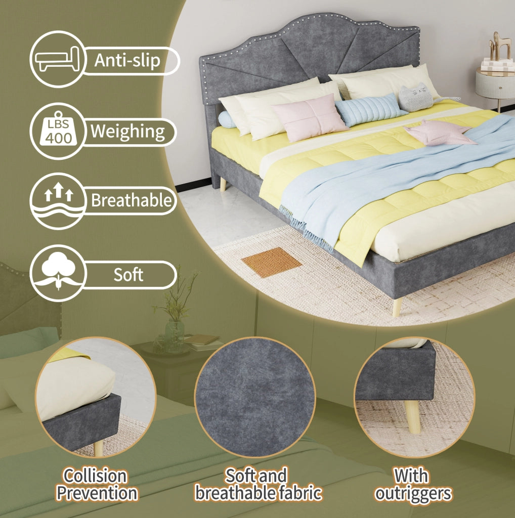 Letto 160x200 cm con testiera geometrica e rete a doghe; tessuto grigio