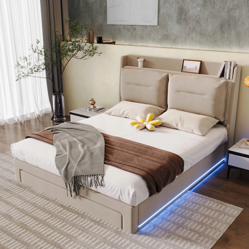 Letto imbottito con LED - Xylo - 180x200 - Beige - Velluto
