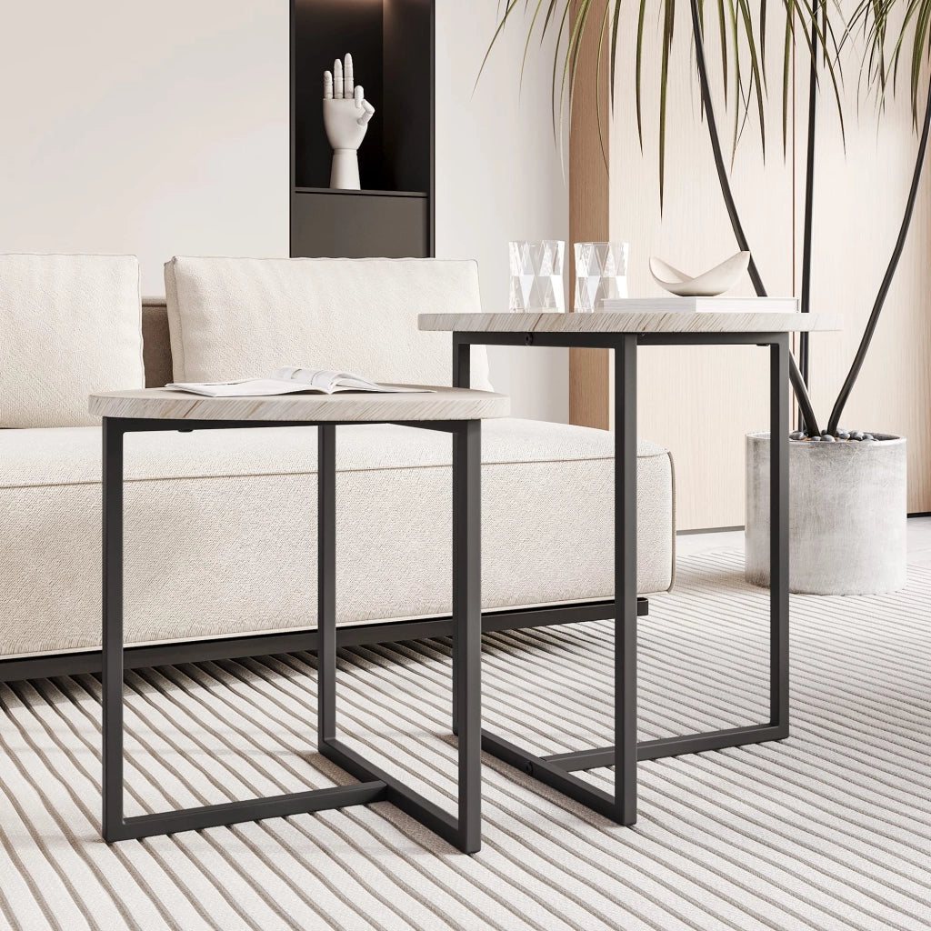 Tavolini bassi set 2 pezzi con piano a forma di cuore, per soggiorno, in truciolare e metallo, rovere americano