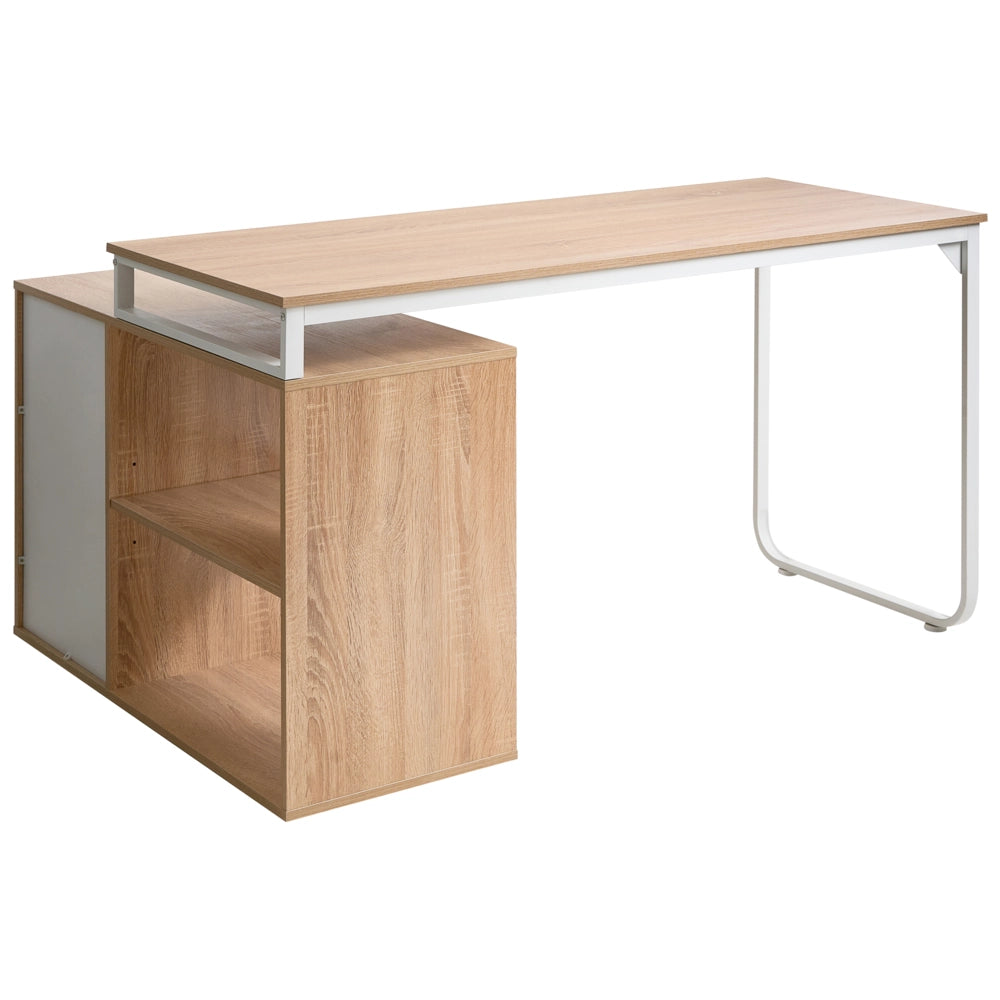 Scrivania da ufficio domestico angolare con 2 ripiani e 3 cassetti Pannello truciolare Gambe in ferro 140 x 100 cm marrone chiaro