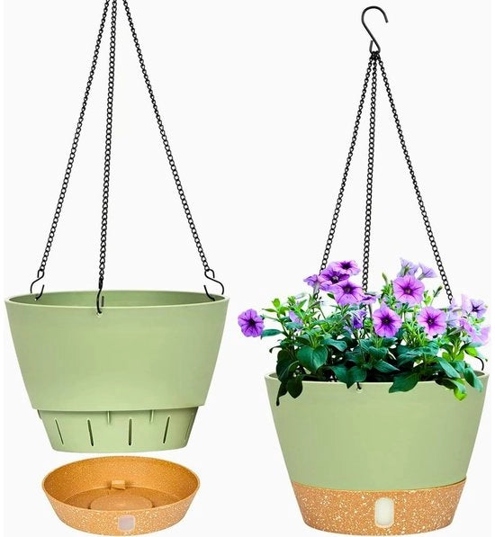 Set da 2 contenitori per piante appesi, 20,3 cm contenitori per piante appesi all'interno e all'esterno, contenitore per piante appeso con foro di drenaggio e 3 ganci per giardino (verde)