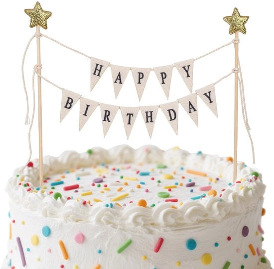 Decorazione per torta di compleanno - Tapecizia per torta - Bandiera da tavola - Decorazione manuale per feste - 21x20,5 cm - Giallo/Nero/Bianco
