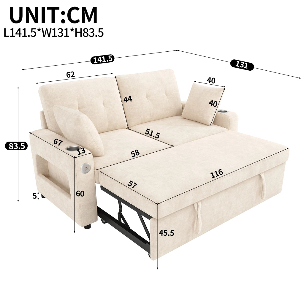Divano letto 2 posti estraibile 141;5x131x83;5 cm in chenille beige con LED e USB/Type-C