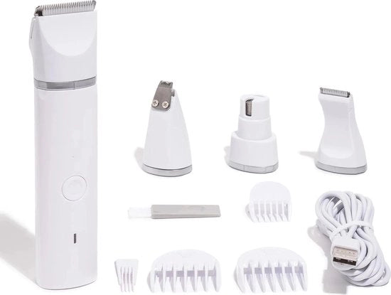 Trimmer 4 in 1 Elettrico per Animali Domestici - Tondeuse per Cani - Kit di Taglio per Cani - Set Completo di Accessori - Incluso 8 Accessori - Bianco