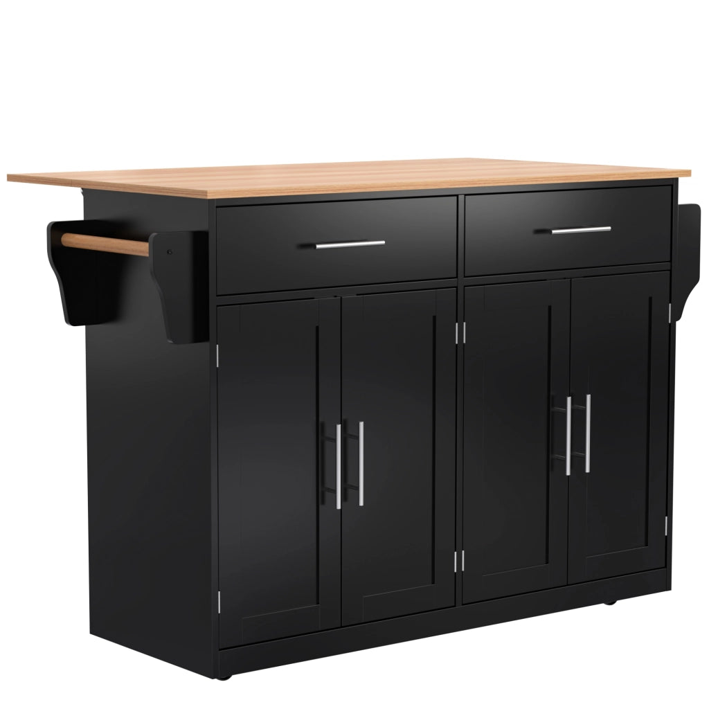 Carrello da cucina con piano ribaltabile, 120x46(70)x91, nero e naturale, con ruote e gambe in legno
