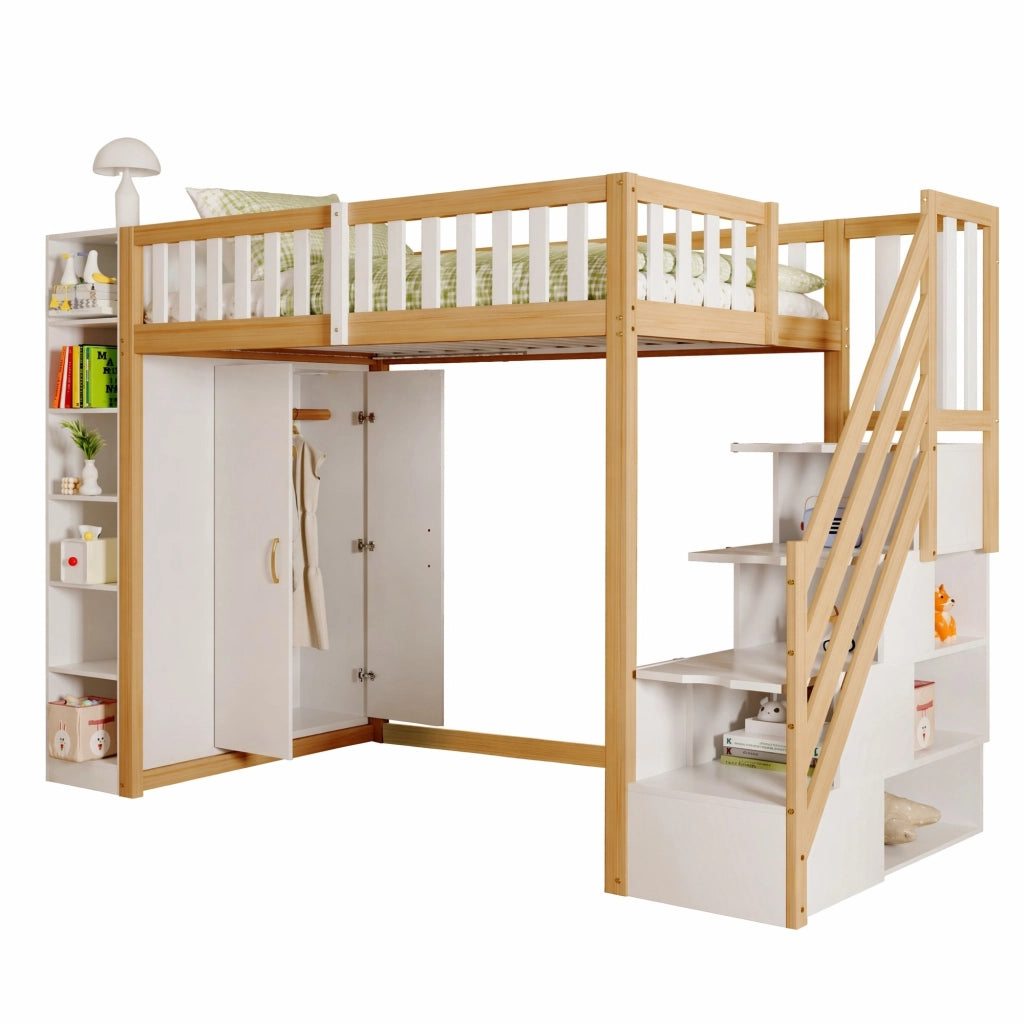 Letto a soppalco 90x200 cm con armadio; scaffali e scala con vani; bianco e legno naturale