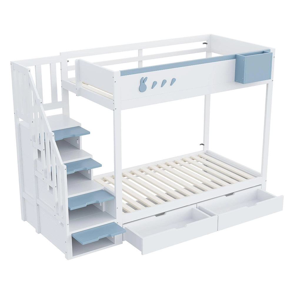 Letto a castello-Xylo-90x200cm, motivo conigli, cassetti, bianco+blu