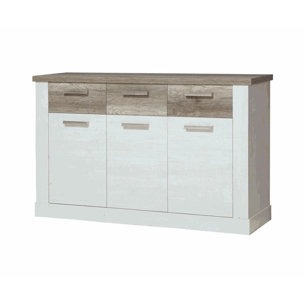 Madia Flux 3 ante e 3 cassetti 140 cm pino bianco con top rovere antico