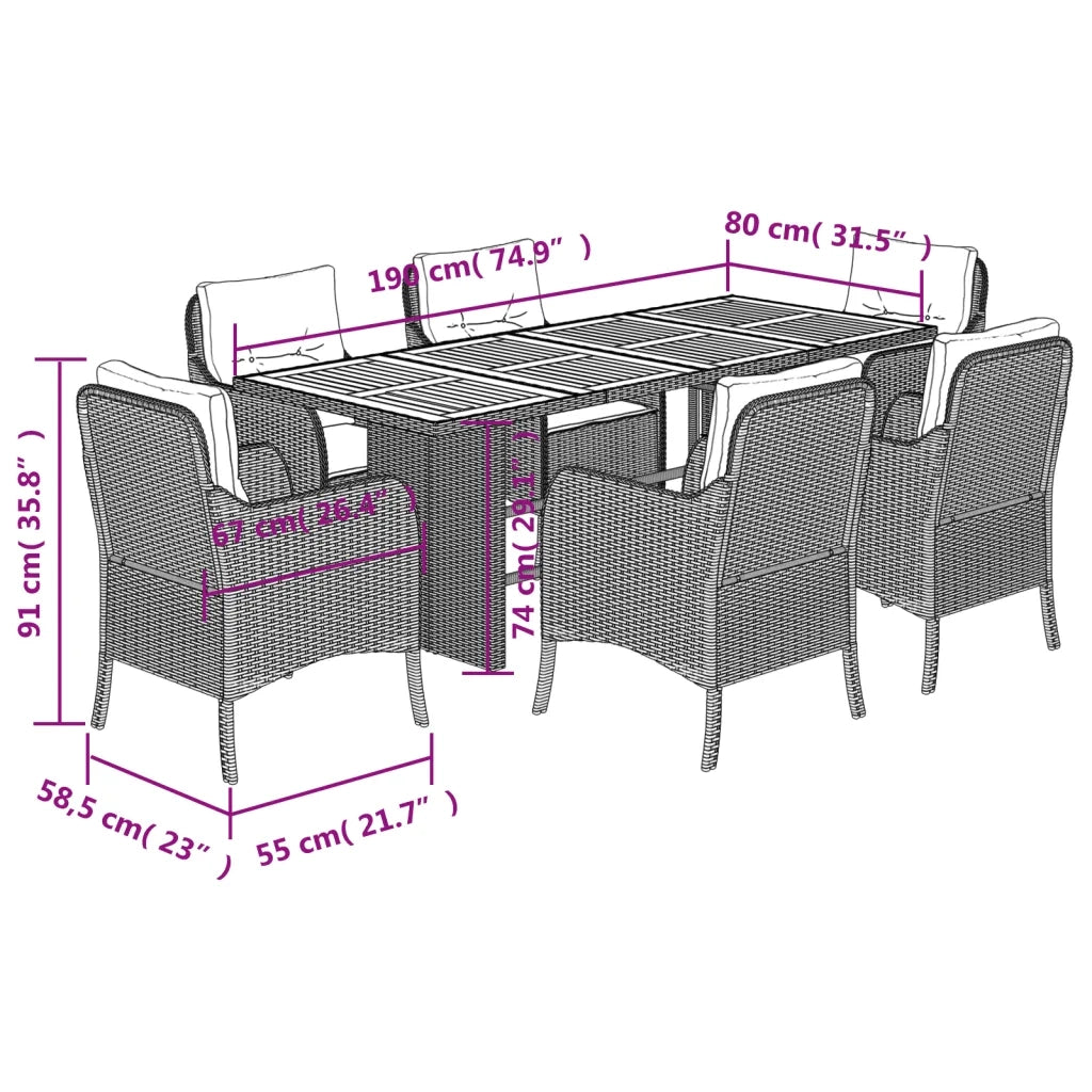 Set da Pranzo da Giardino 7 pz con Cuscini Beige in Polyrattan 3211902