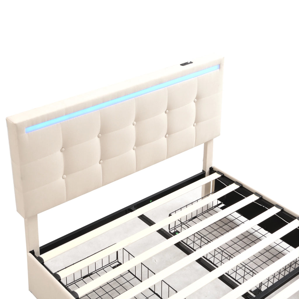 DESMIU Letto contenitore 140 × 200 cm 2 posti con 4 cassetti, USB, LED regolabile e vano, senza materasso, beige