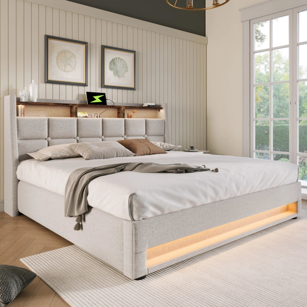 Letto matrimoniale imbottito 160x200 cm beige con LED, USB e vano contenitore