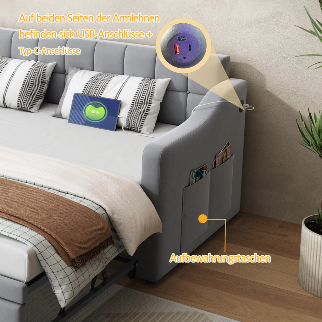 Letto divano 2 in 1 imbottito velluto grigio chiaro 90x190 cm
