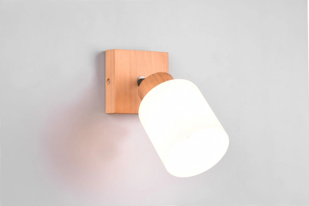 ASSAM SPOT SINGOLO BASE LEGNO CON VETRO BIANCO H. 21CM ATTACCO E14