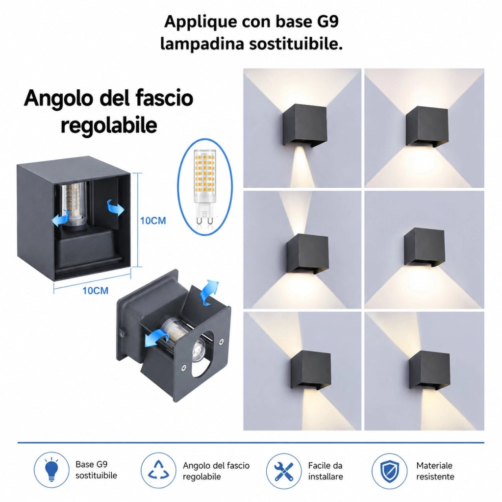 Applique Cubo Nera da Esterno IP65 G9 Sostituibile Lampada Parete Moderna LED Interno Esterno Fascio Regolabile