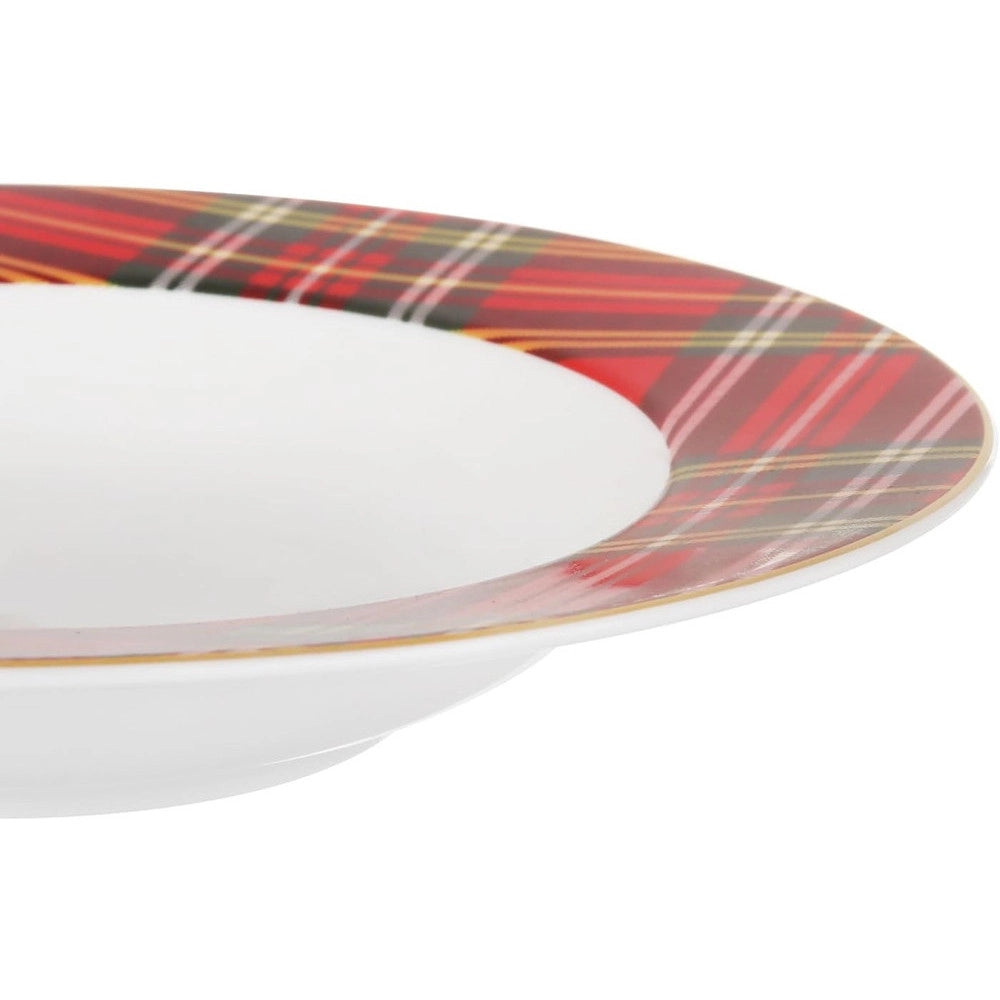 Trade Shop - Set Servizio Di 18 Pz Piatti Con Motivo A Bordo Tartan In Porcellana Da Tavola Natalizio -