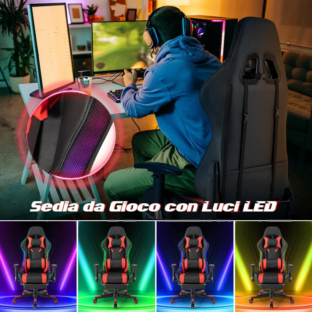 Sedia da Ufficio Ergonomica per Computer con Altezza Regolabile, Sedia da Gaming con Luci RGB LED, Schienale e Braccioli Regolabili, Poggiapiedi Estraibile e Supporto Lombare (Rosso)