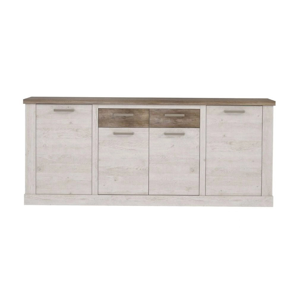 Madia Flux 4 ante e 2 cassetti 213 cm pino bianco con top rovere antico