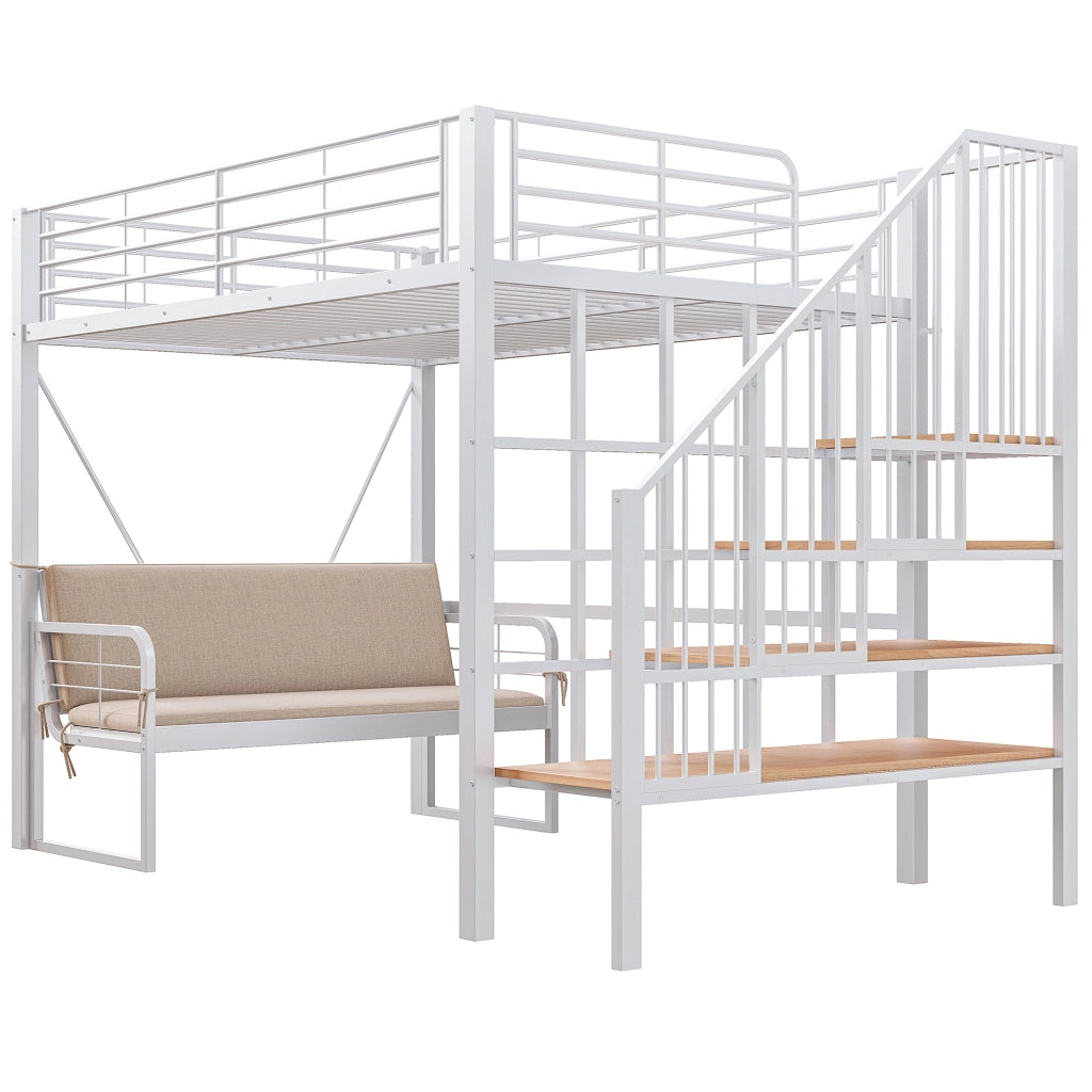 Letto a castello 140 × 200 cm con divano imbottito, scala con contenitore, senza materasso, bianco