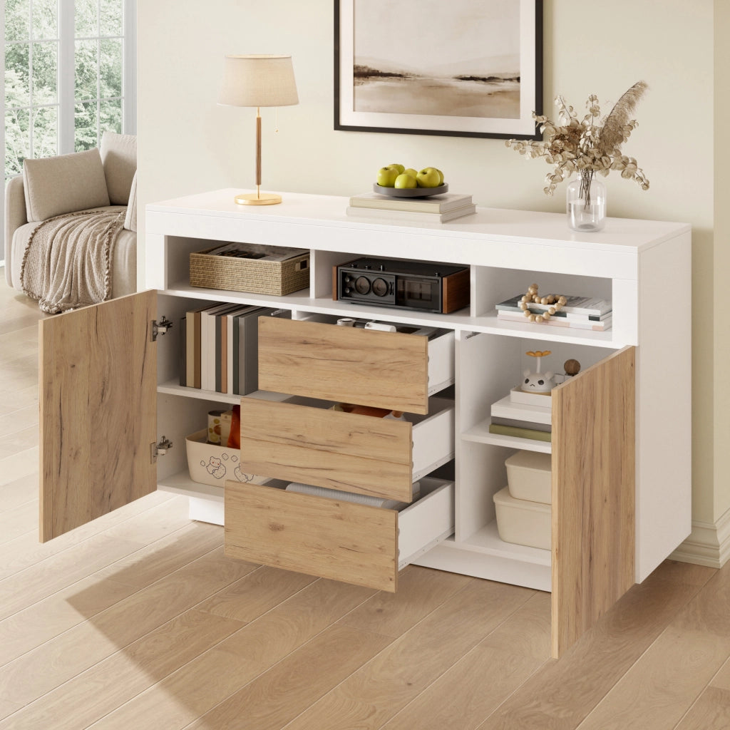 Credenza con 3 cassetti; 2 ante e 3 vani aperti - per soggiorno - bianco e naturale
